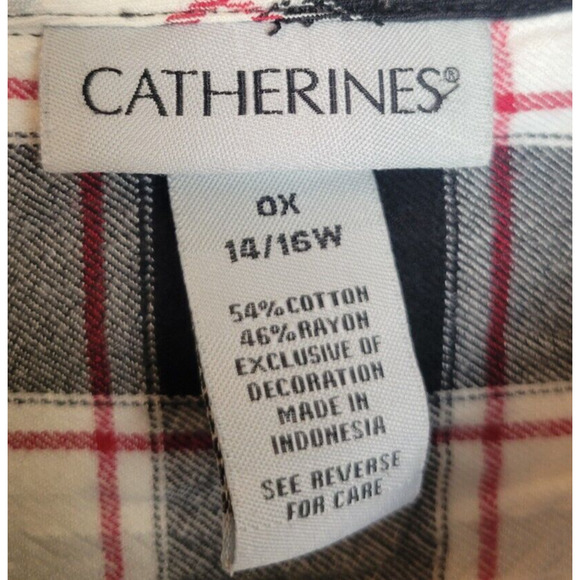 Catherines Black Plaid Roll Tab Sleeve Work Button Down Shirt Women's Size 0X - Picture 3 of 10